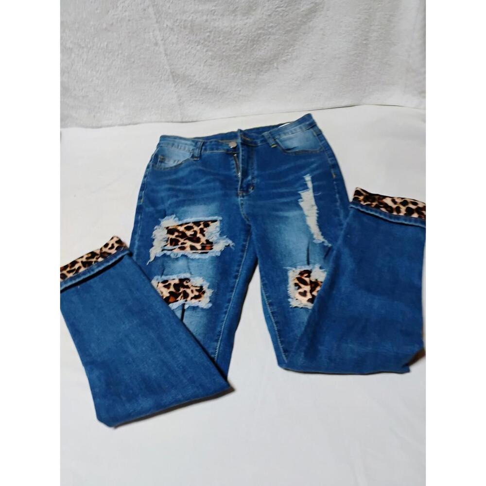 Jeans Distressed Women's Size M Leopard Accent, Cuffs, Temu